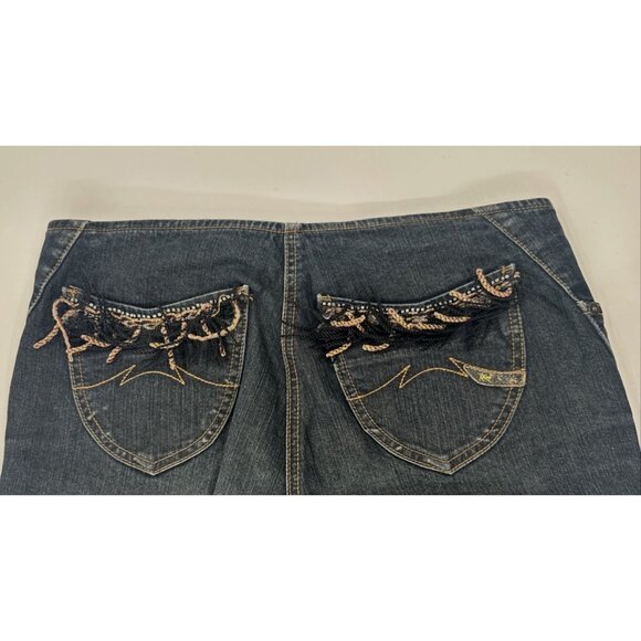 Y2K Parasuco Denim Jeans 31x33 Stretch Snap Open Flared Fringe Rhinestone Hippie - Picture 2 of 16